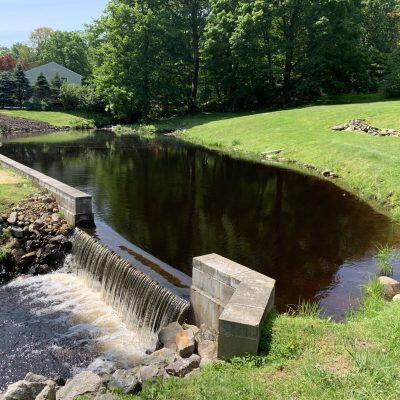 A small concrete dam releases water into a stream surrounded by green grass and trees on a sunny day.
