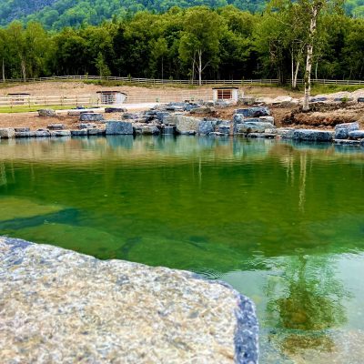 A pond with clear green water surrounded by large rocks, with trees and a fenced area in the background.