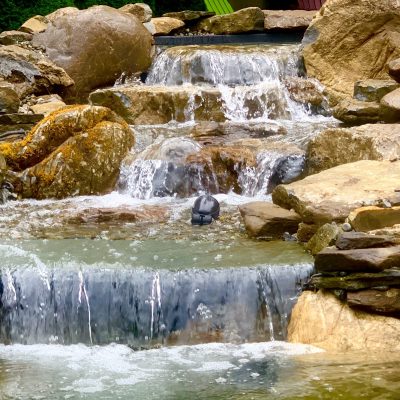 Small waterfall flows over rocks into a pond, surrounded by large stones and greenery in the background.