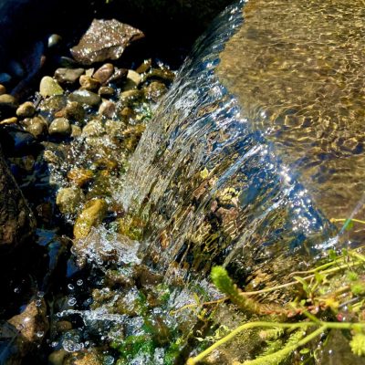 Clear water flows over a rocky ledge into a small stream surrounded by pebbles and green moss.